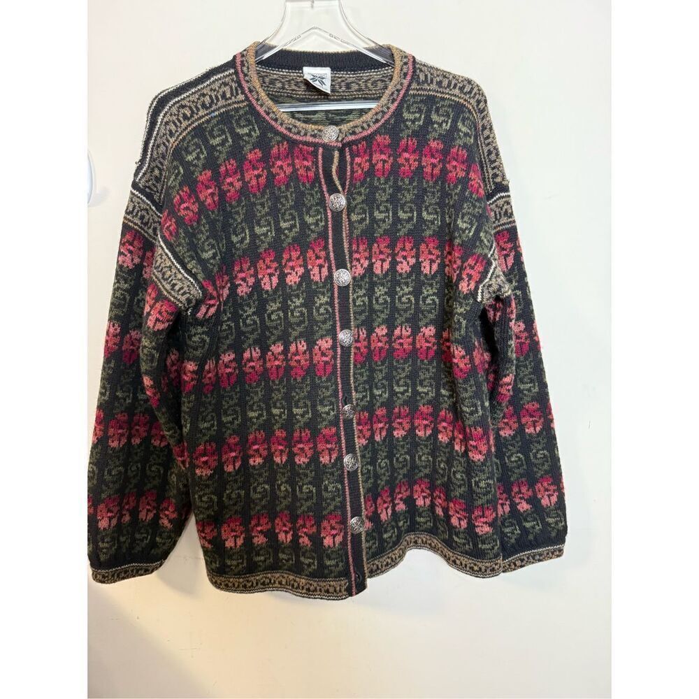 Icelandic Design Womens M/L Large 100% Wool Knit Noric Floral Cardigan Button Sw